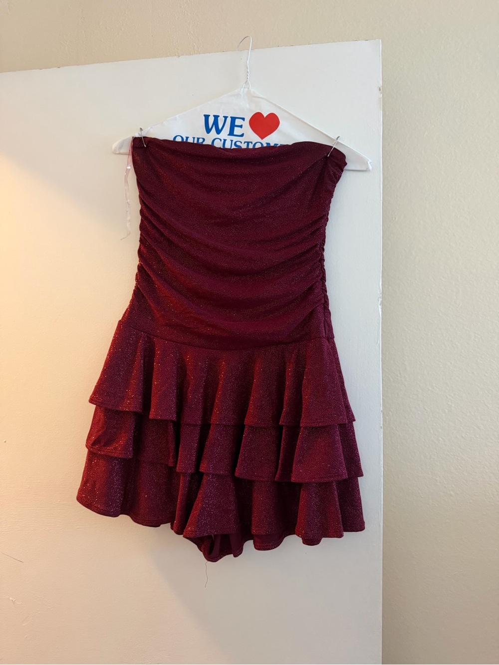 Windsor Sparkle Strapless Ruffle Dress in Burgundy
